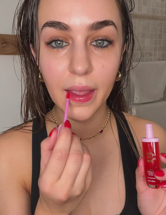 Apply the watermelon lip oil on both lips and cheeks!